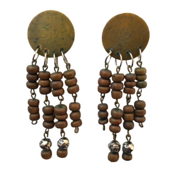 Vintage Brown Silver Wood Stud Dangle Earring - Picture 1 of 7